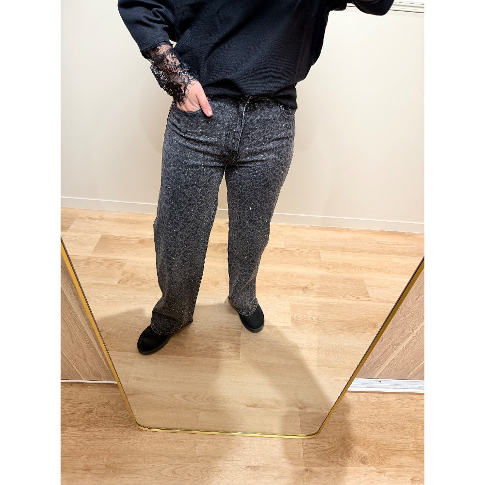 Jeans Gris à strass Léopard - Gris