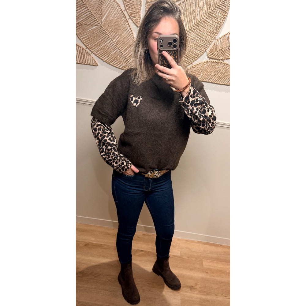 Pull Cœur Léopard - Marron