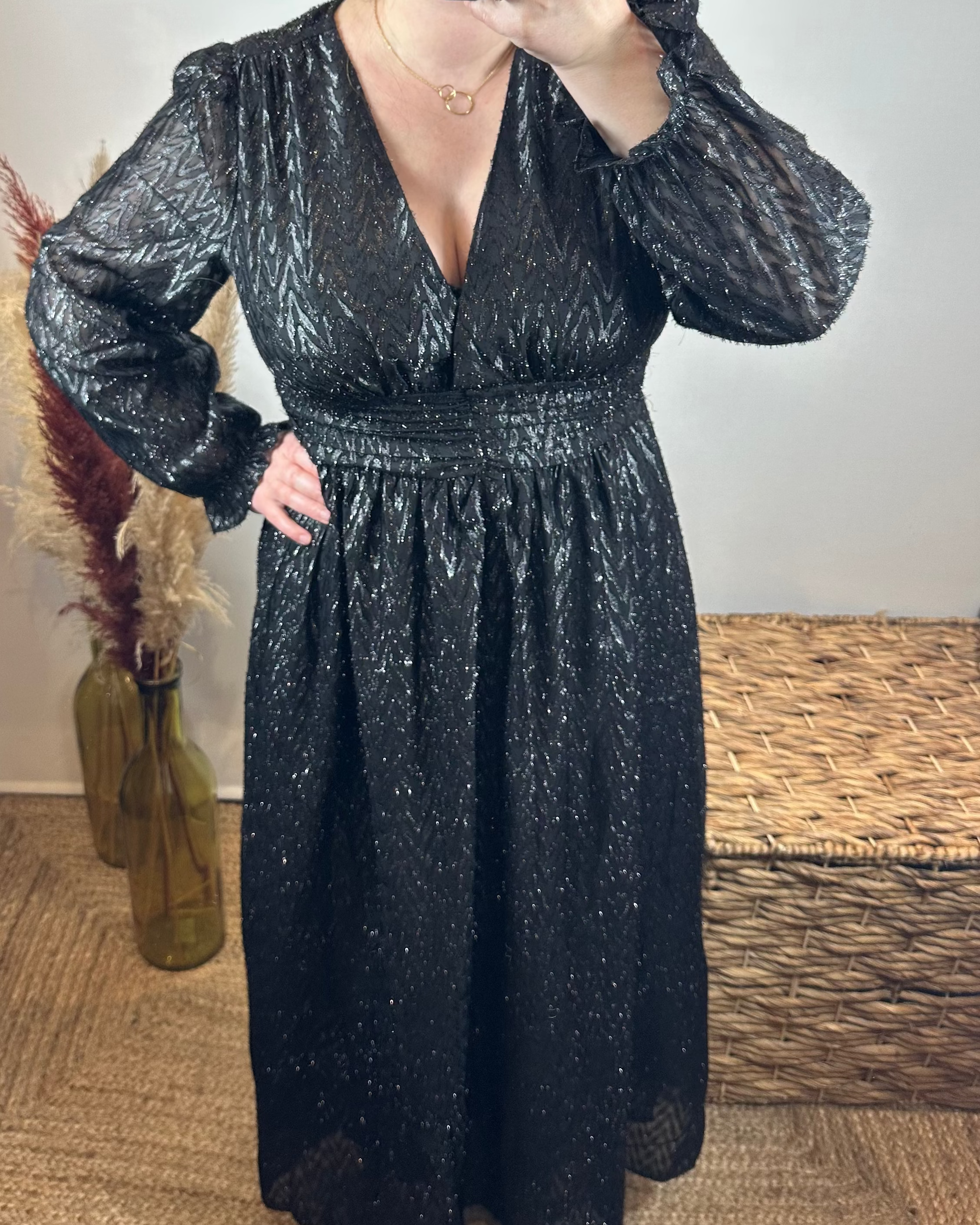 Robe Longue Noir À Motifs Argenter
